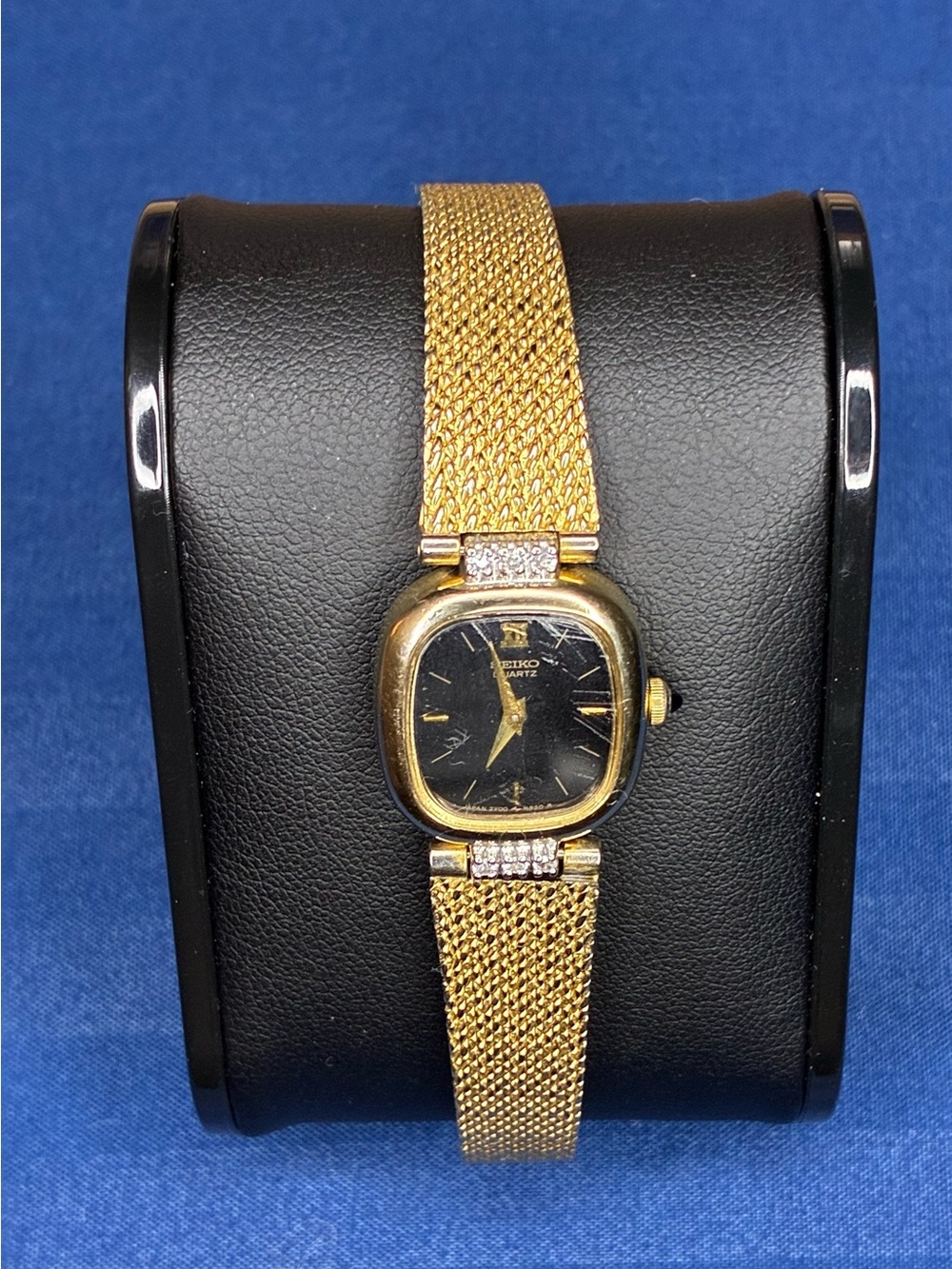 Seiko Gold Tone Women's Mesh Bracelet Watch with Black Dial